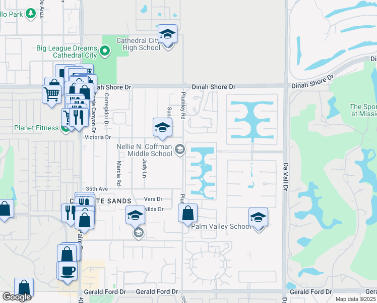 map of restaurants, bars, coffee shops, grocery stores, and more near 34603 Plumley Road in Cathedral City