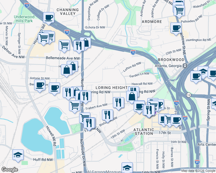 map of restaurants, bars, coffee shops, grocery stores, and more near 471 Deering Road Northwest in Atlanta