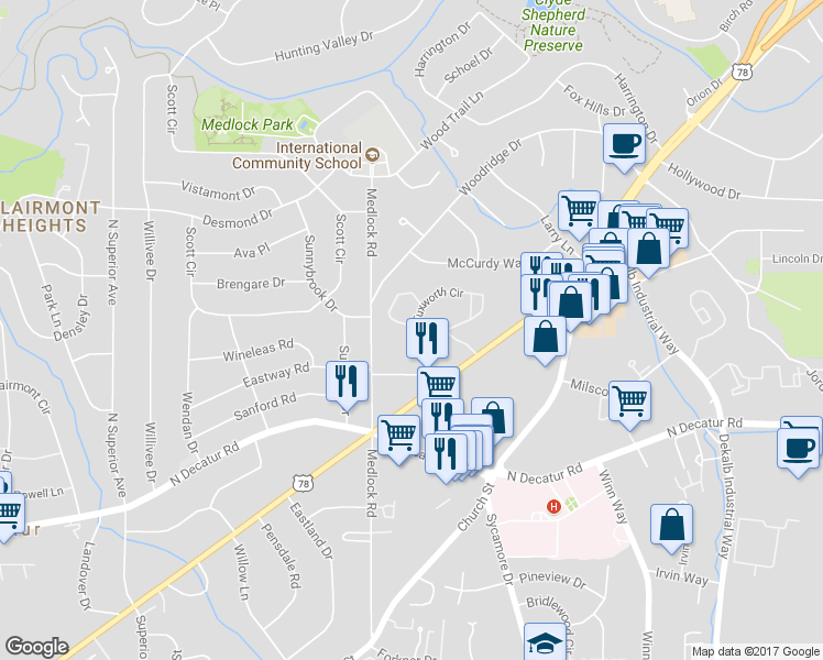 map of restaurants, bars, coffee shops, grocery stores, and more near 908 Tuxworth Circle in Decatur
