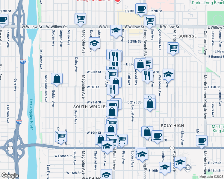 map of restaurants, bars, coffee shops, grocery stores, and more near 2169 Pacific Avenue in Long Beach
