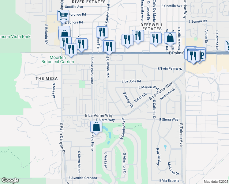 map of restaurants, bars, coffee shops, grocery stores, and more near 1969 South Joshua Tree Place in Palm Springs