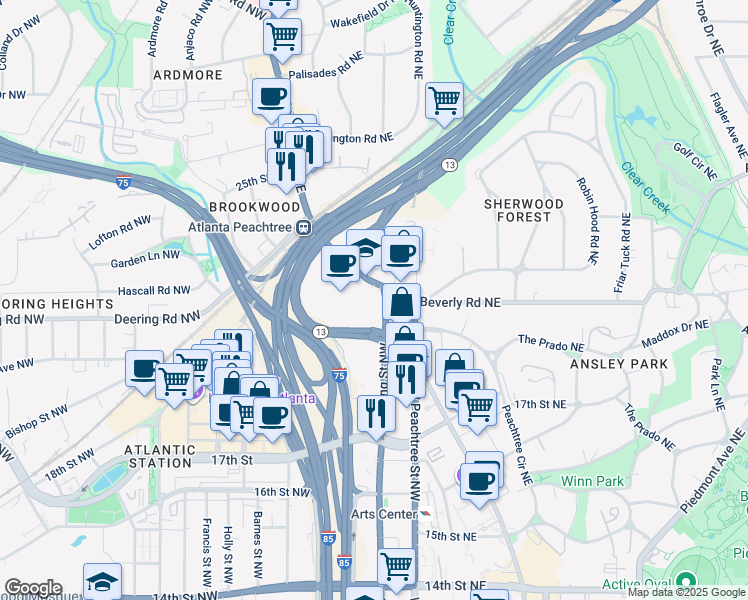 map of restaurants, bars, coffee shops, grocery stores, and more near 1580 Peachtree Street Northwest in Atlanta