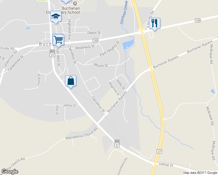 map of restaurants, bars, coffee shops, grocery stores, and more near 61 Magnolia Street in Buchanan