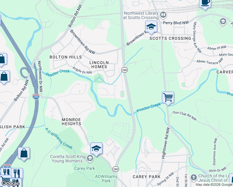 map of restaurants, bars, coffee shops, grocery stores, and more near 1525 Glenrock Drive Northwest in Atlanta