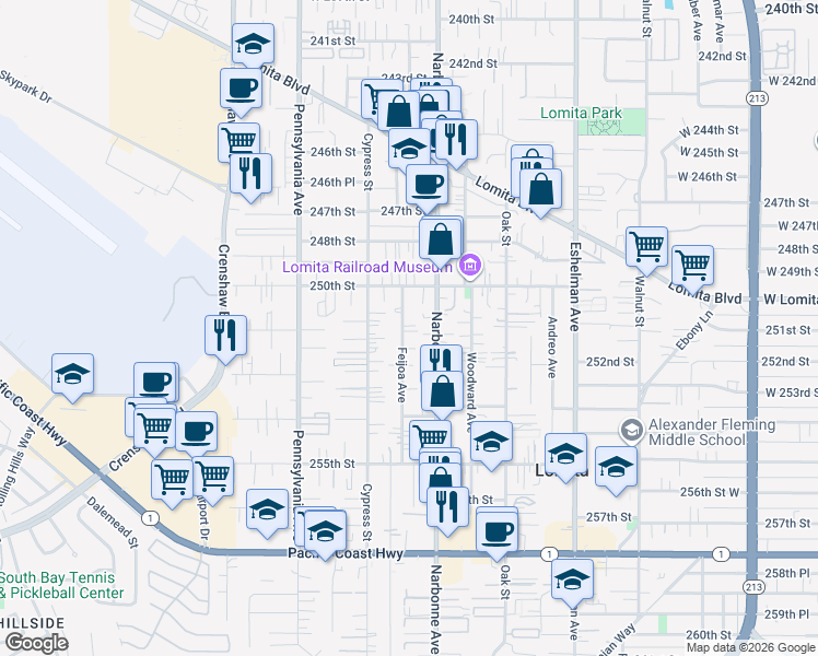 map of restaurants, bars, coffee shops, grocery stores, and more near 25107 Feijoa Avenue in Lomita
