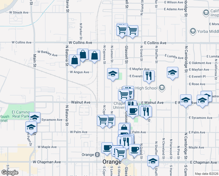 map of restaurants, bars, coffee shops, grocery stores, and more near 594 North Lemon Street in Orange