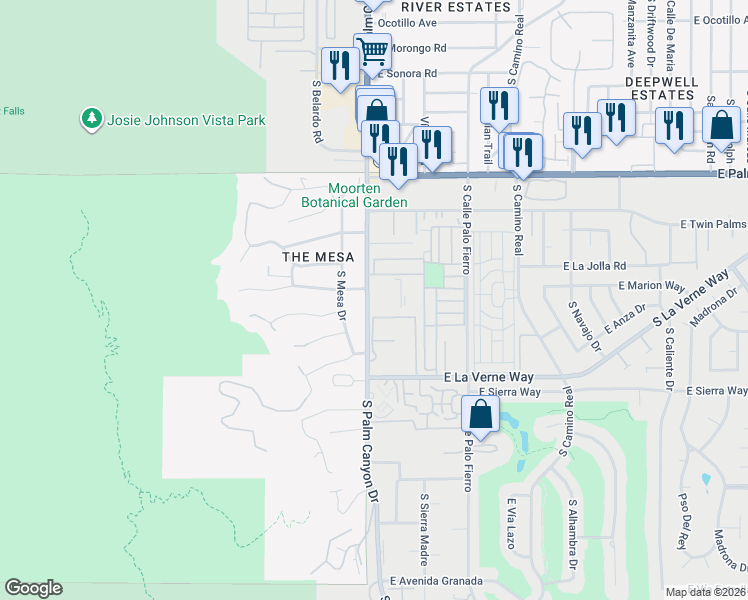 map of restaurants, bars, coffee shops, grocery stores, and more near 1950 South Palm Canyon Drive in Palm Springs