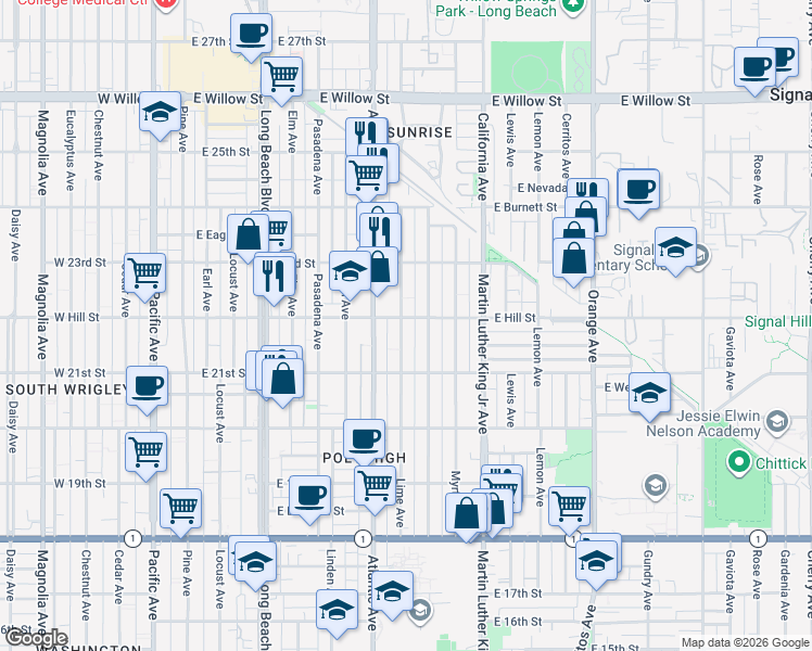 map of restaurants, bars, coffee shops, grocery stores, and more near 2186 Lime Avenue in Long Beach