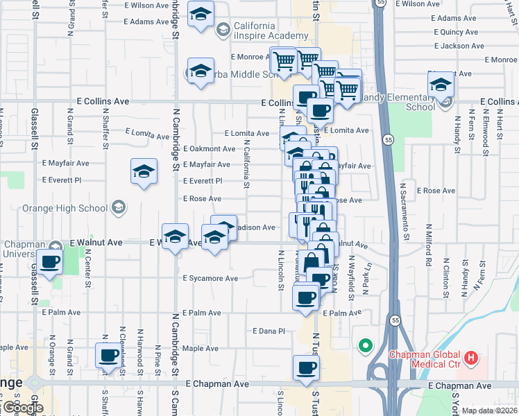 map of restaurants, bars, coffee shops, grocery stores, and more near 1420 East Orange Grove Avenue in Orange