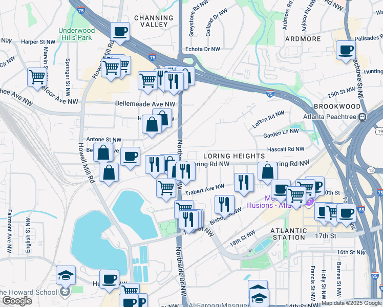 map of restaurants, bars, coffee shops, grocery stores, and more near 1527 Northside Drive Northwest in Atlanta
