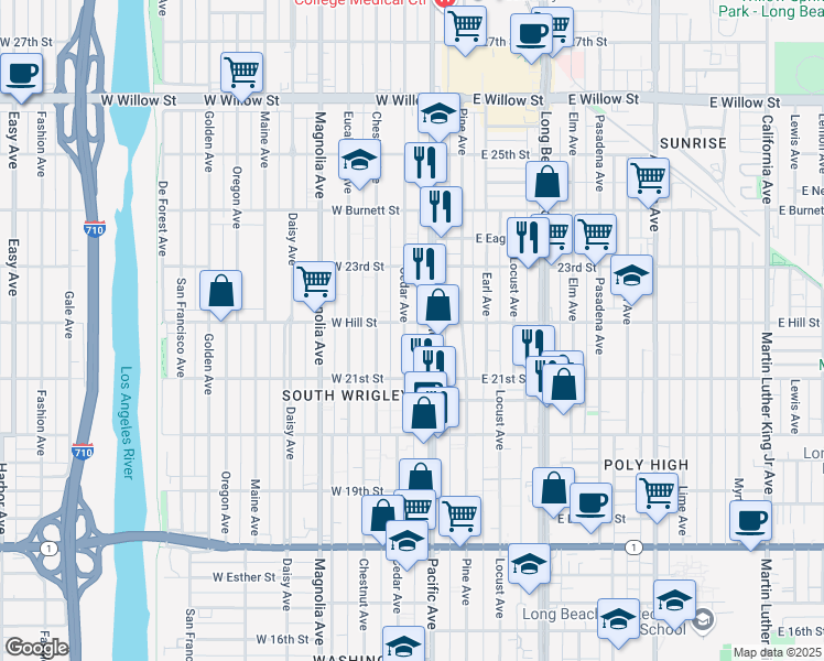 map of restaurants, bars, coffee shops, grocery stores, and more near 2184 Cedar Avenue in Long Beach