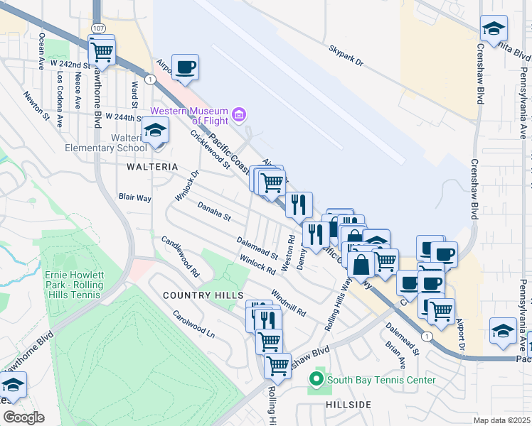 map of restaurants, bars, coffee shops, grocery stores, and more near 3107 Newton Street in Torrance