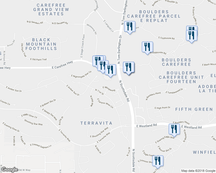 map of restaurants, bars, coffee shops, grocery stores, and more near 7032 East Whispering Mesquite Trail in Scottsdale