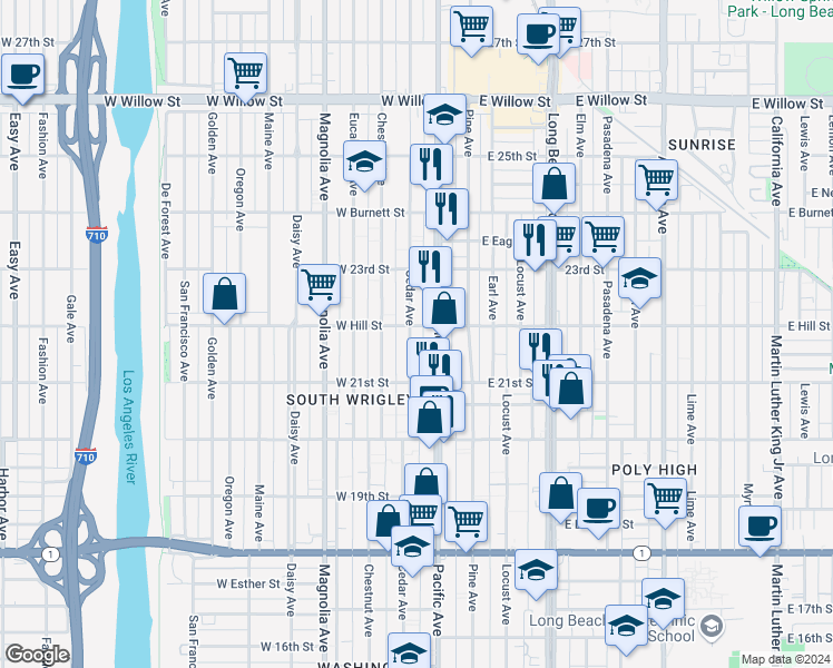 map of restaurants, bars, coffee shops, grocery stores, and more near 2184 Cedar Avenue in Long Beach