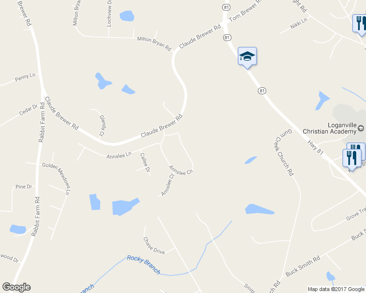 map of restaurants, bars, coffee shops, grocery stores, and more near 340 Annslee Circle in Loganville