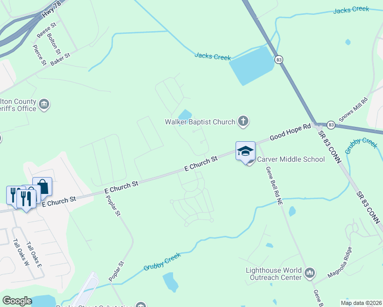 map of restaurants, bars, coffee shops, grocery stores, and more near 1000 East Church Street in Monroe