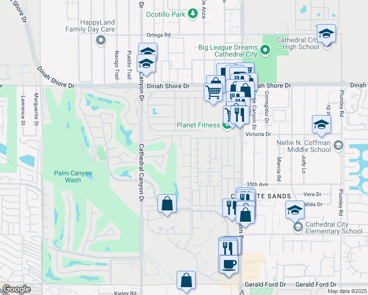 map of restaurants, bars, coffee shops, grocery stores, and more near 34585 Calle Tobara in Cathedral City