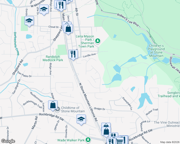 map of restaurants, bars, coffee shops, grocery stores, and more near 670 Woodsong Lane in Stone Mountain