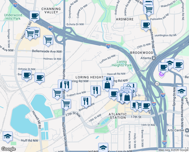 map of restaurants, bars, coffee shops, grocery stores, and more near 452 Hascall Road Northwest in Atlanta