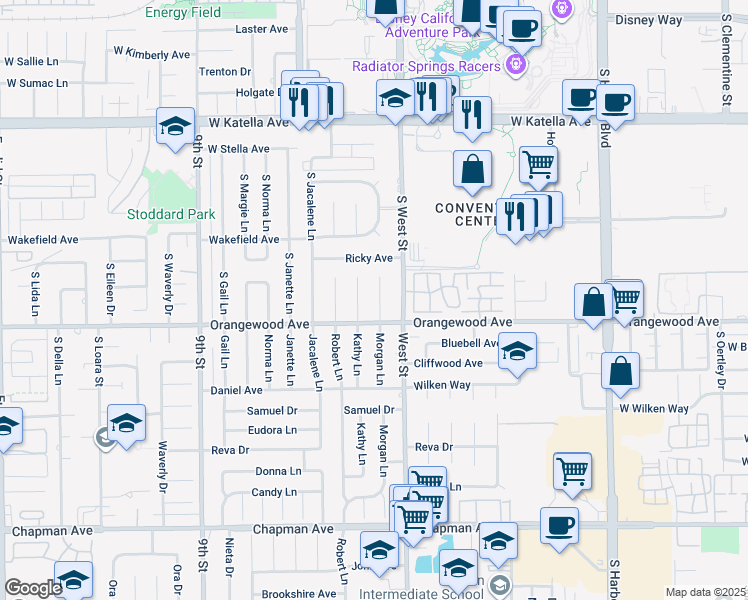map of restaurants, bars, coffee shops, grocery stores, and more near 11421 Morgan Lane in Garden Grove