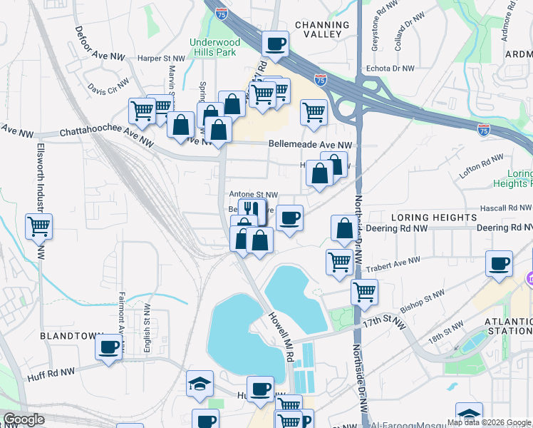 map of restaurants, bars, coffee shops, grocery stores, and more near 777 Forrest Street Northwest in Atlanta