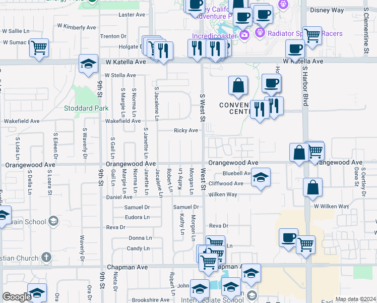 map of restaurants, bars, coffee shops, grocery stores, and more near 11421 Morgan Lane in Garden Grove