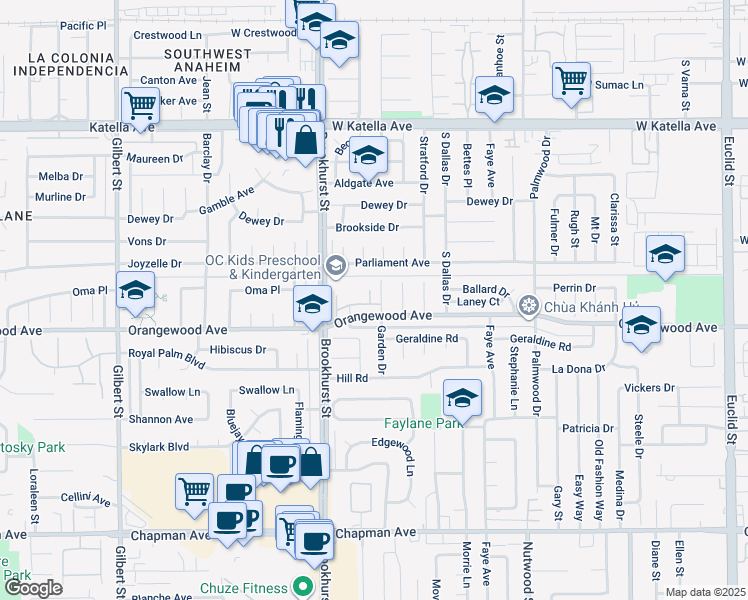 map of restaurants, bars, coffee shops, grocery stores, and more near 10136 Montecito Plaza in Garden Grove