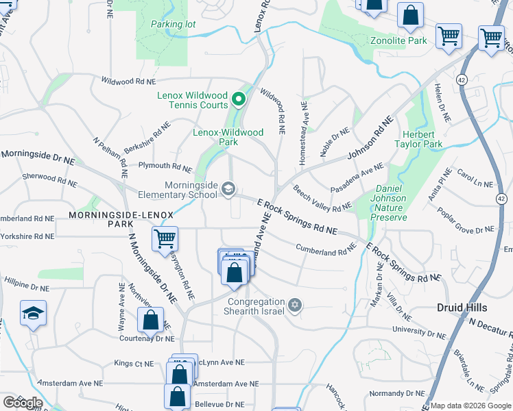 map of restaurants, bars, coffee shops, grocery stores, and more near 1109 East Rock Springs Road Northeast in Atlanta