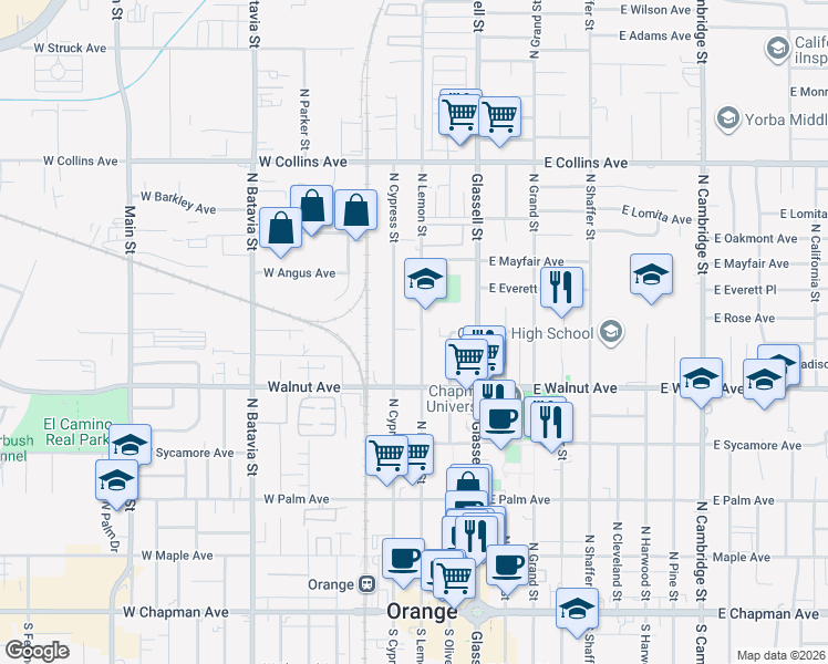 map of restaurants, bars, coffee shops, grocery stores, and more near 594 North Lemon Street in Orange