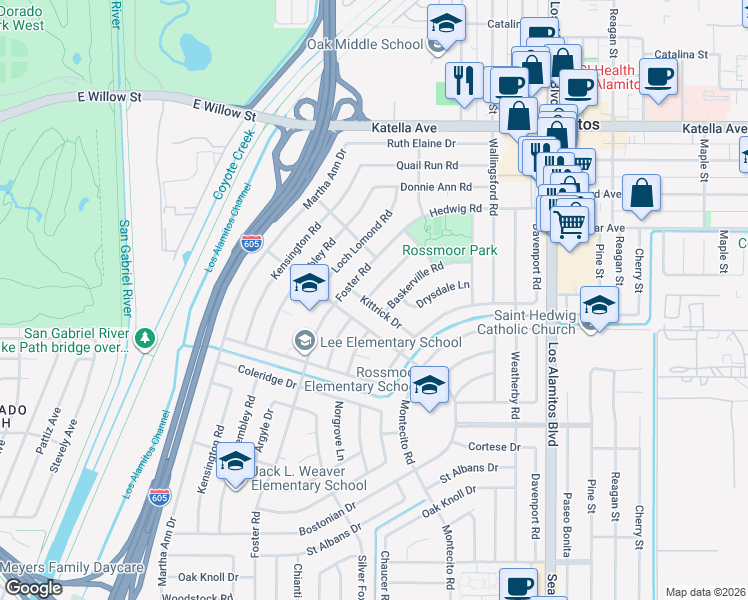 map of restaurants, bars, coffee shops, grocery stores, and more near 11412 Donovan Road in Rossmoor