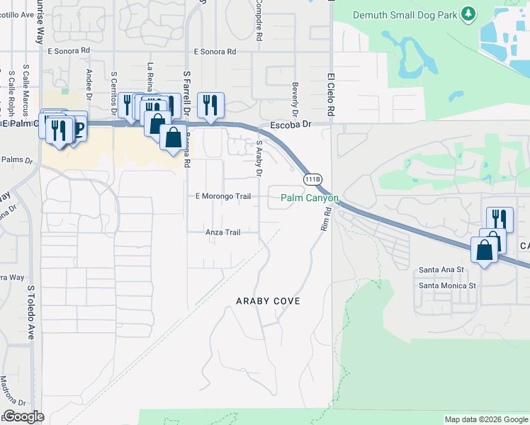 map of restaurants, bars, coffee shops, grocery stores, and more near 1911 Torchlight Lane in Palm Springs
