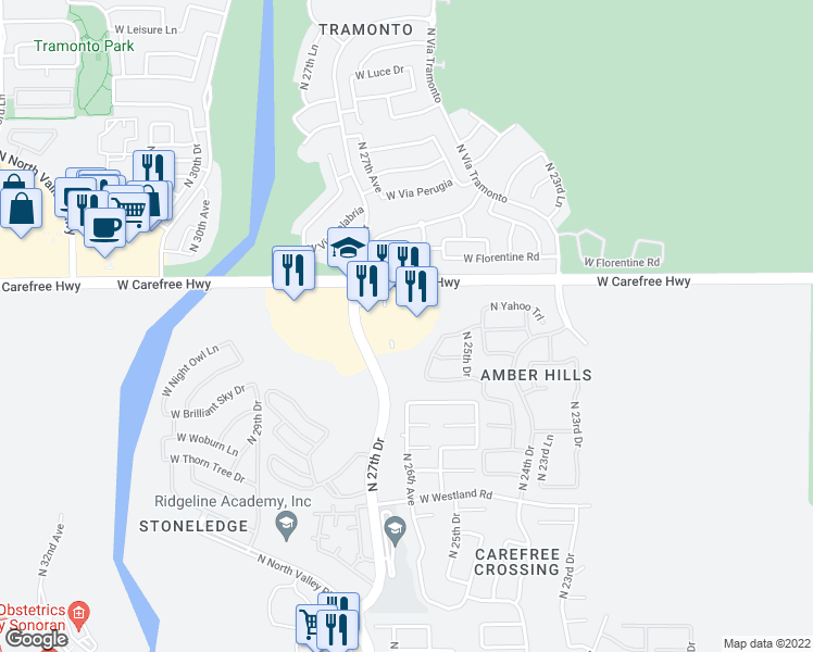 map of restaurants, bars, coffee shops, grocery stores, and more near 2633 West Carefree Highway in Phoenix