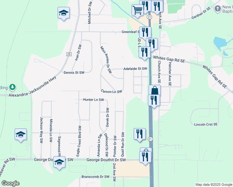 map of restaurants, bars, coffee shops, grocery stores, and more near 924 Carson Lane Southwest in Jacksonville
