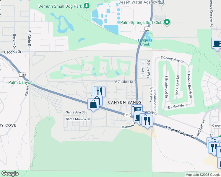 map of restaurants, bars, coffee shops, grocery stores, and more near 2344 South Linden Way in Palm Springs