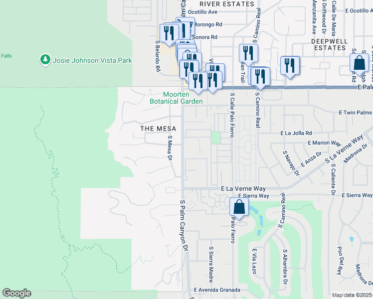 map of restaurants, bars, coffee shops, grocery stores, and more near 1950 South Palm Canyon Drive in Palm Springs