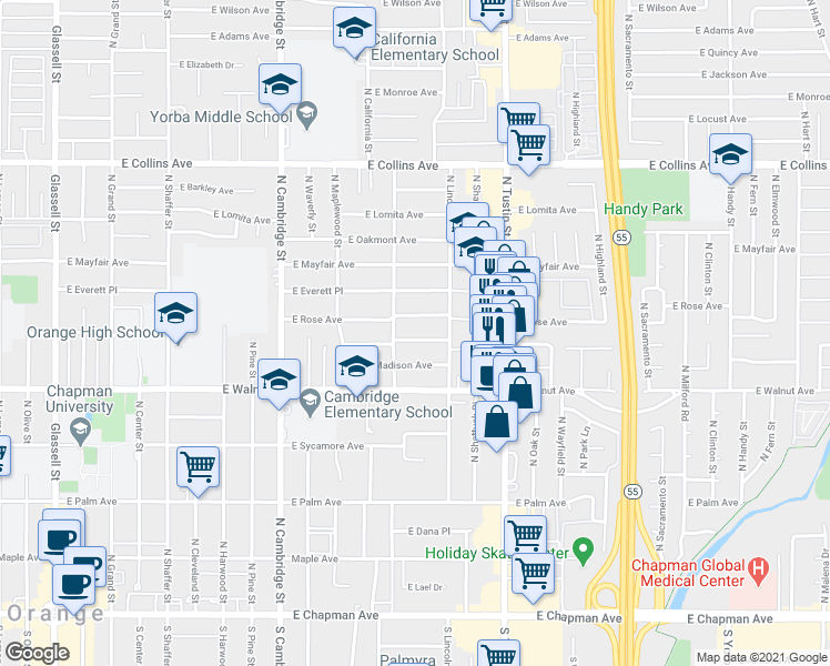 map of restaurants, bars, coffee shops, grocery stores, and more near 1420 East Orange Grove Avenue in Orange
