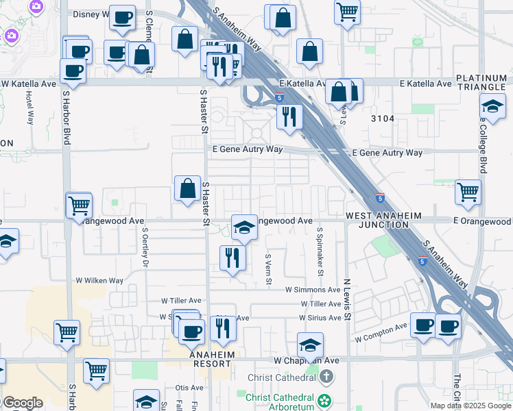 map of restaurants, bars, coffee shops, grocery stores, and more near 313 East Orangewood Avenue in Anaheim