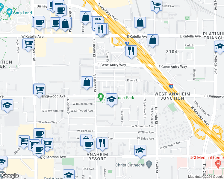 map of restaurants, bars, coffee shops, grocery stores, and more near 235 East Orangewood Avenue in Anaheim