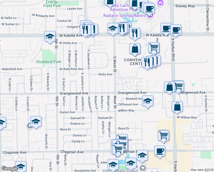 map of restaurants, bars, coffee shops, grocery stores, and more near 11442 Kathy Lane in Garden Grove