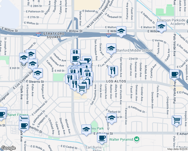 map of restaurants, bars, coffee shops, grocery stores, and more near 2205 San Anseline Avenue in Long Beach