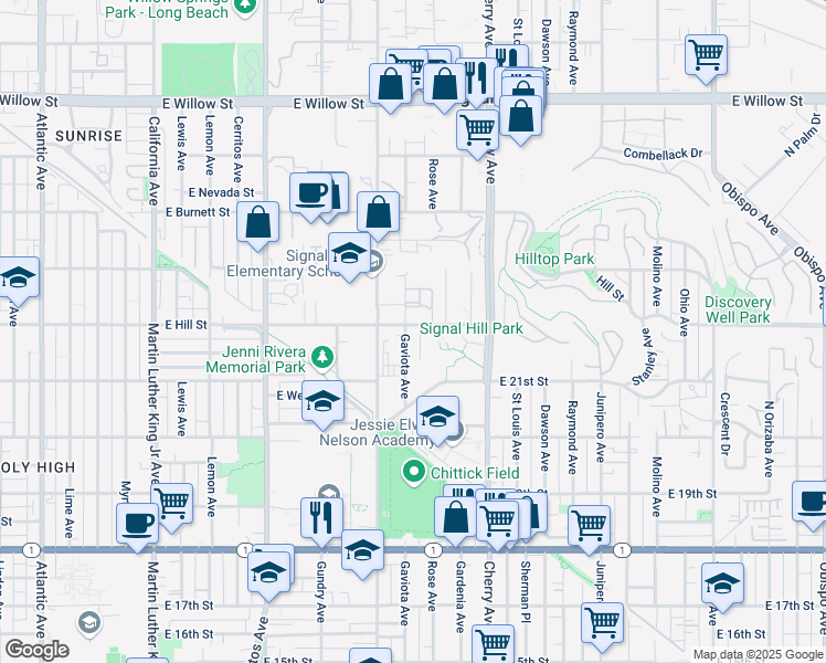 map of restaurants, bars, coffee shops, grocery stores, and more near 2151 North Kelley Drive in Signal Hill