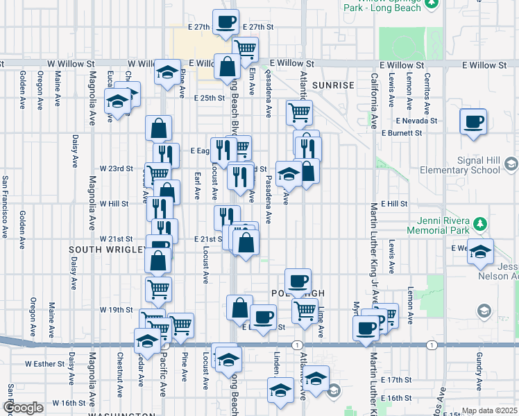 map of restaurants, bars, coffee shops, grocery stores, and more near 2162 Elm Avenue in Long Beach