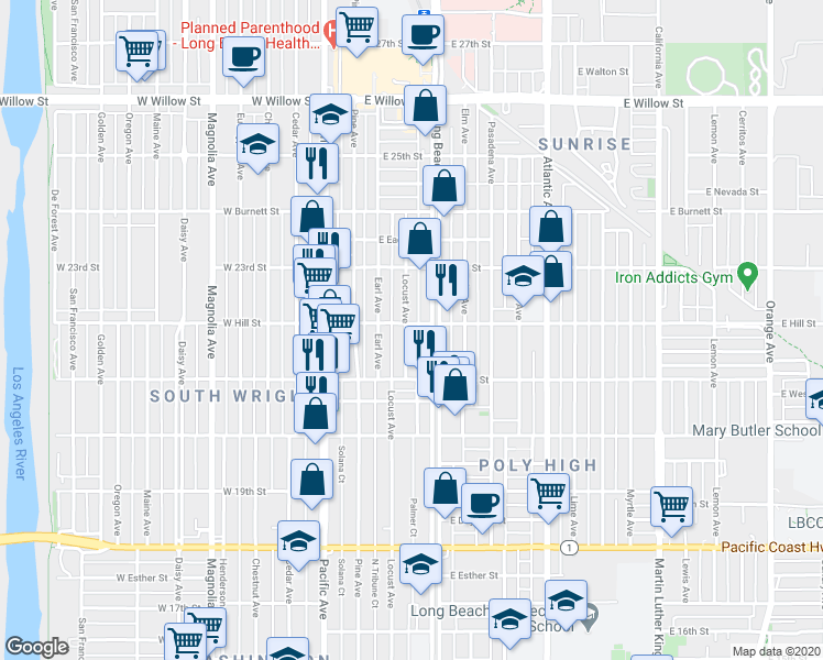 map of restaurants, bars, coffee shops, grocery stores, and more near 2165 Locust Avenue in Long Beach