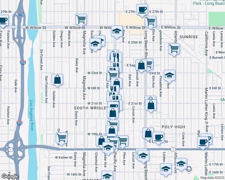 map of restaurants, bars, coffee shops, grocery stores, and more near 2169 Pacific Avenue in Long Beach