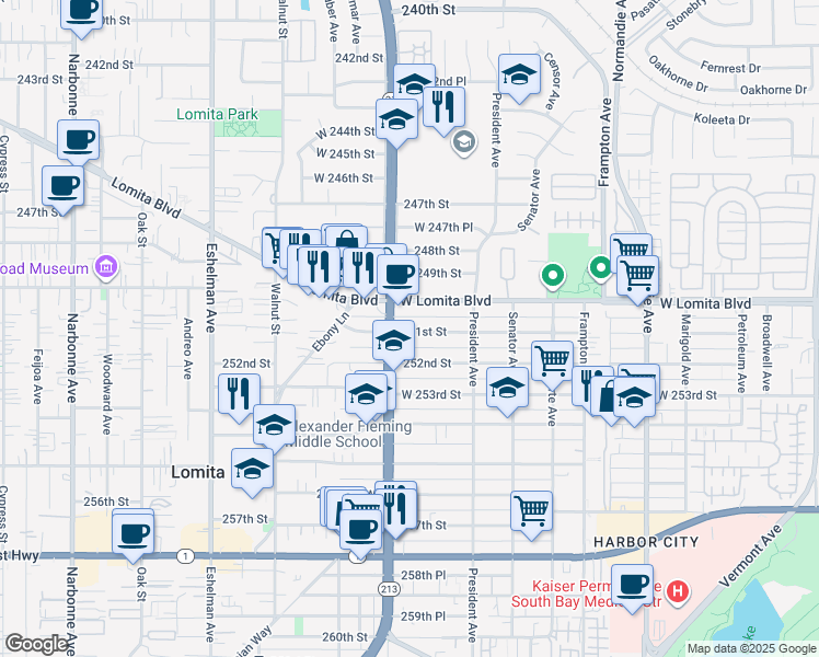 map of restaurants, bars, coffee shops, grocery stores, and more near 1666 251st Street in Los Angeles