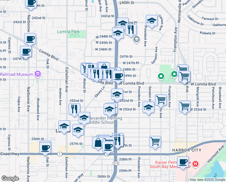 map of restaurants, bars, coffee shops, grocery stores, and more near 1704 251st Street in Lomita