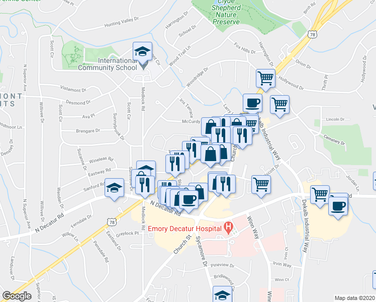 map of restaurants, bars, coffee shops, grocery stores, and more near 111 Tuxworth Circle in Decatur