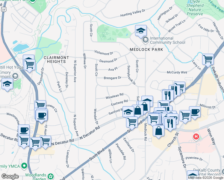 map of restaurants, bars, coffee shops, grocery stores, and more near 687 Suzanne Drive in Decatur