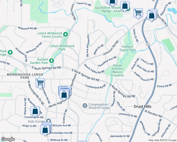 map of restaurants, bars, coffee shops, grocery stores, and more near 1201 Beech Valley Road Northeast in Atlanta