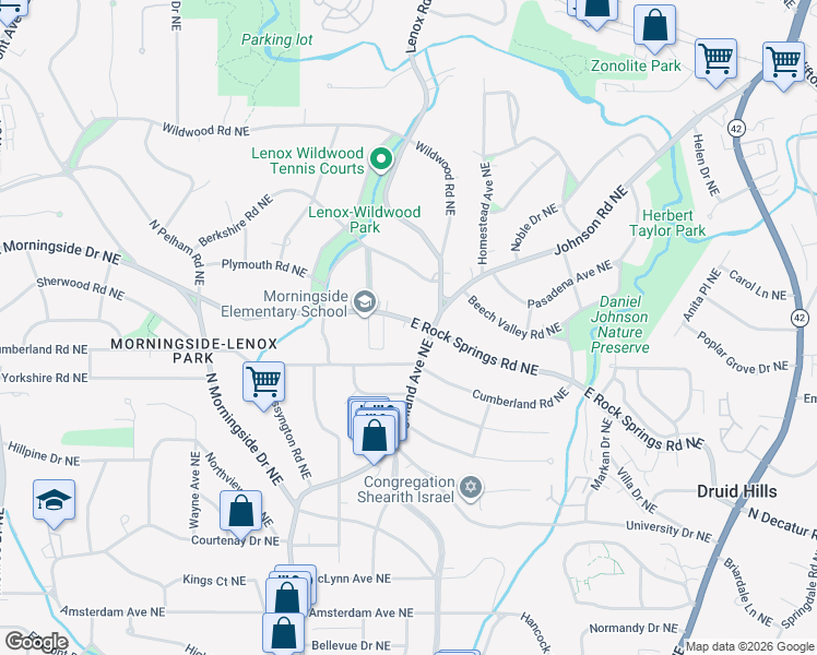 map of restaurants, bars, coffee shops, grocery stores, and more near 1109 East Rock Springs Road Northeast in Atlanta